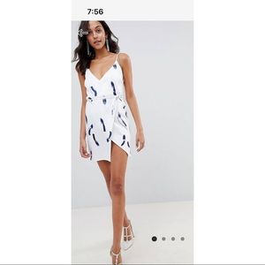 White and blue brushstroke cami mini wrap dress